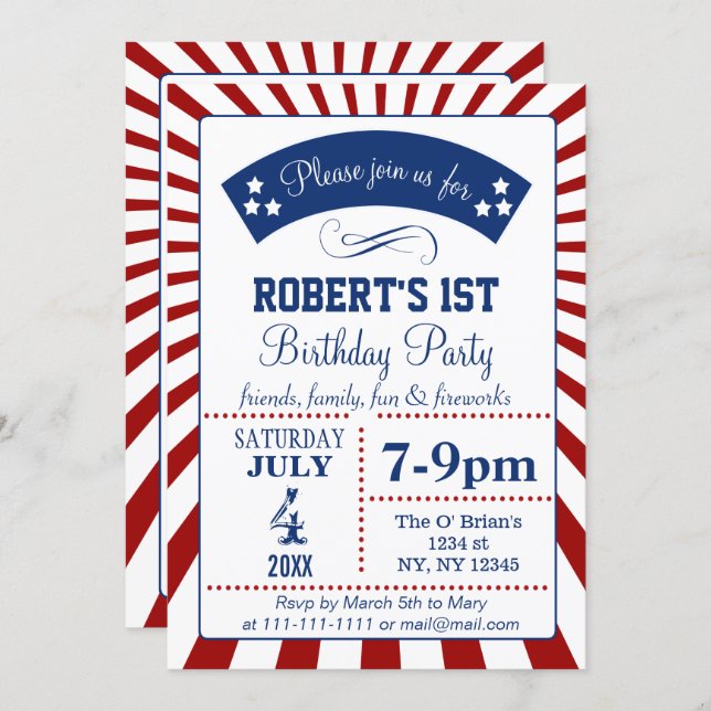 Retro memorial day birthday party invitations (Front/Back)