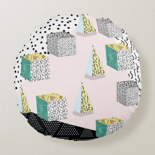 Retro Memphis 80s_90s Hipster Pattern Round Pillow