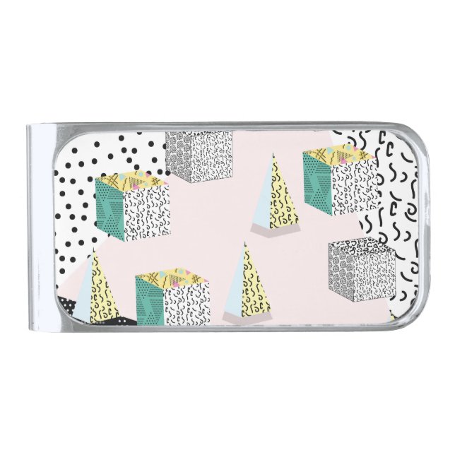 Retro Memphis: 80s-90s Hipster Pattern. Silver Finish Money Clip (Front)
