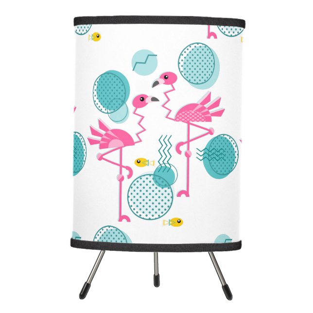 Retro Memphis Style Pink Flamingos ©️studioxtine Tripod Lamp (Front)