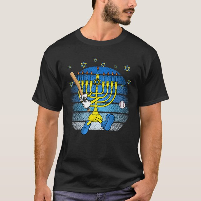 Retro Menorah Playing Baseball Happy Hanukkah PJS  T-Shirt (Front)