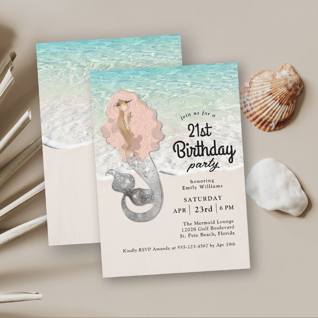 Retro Mermaid Beach Theme 21st Birthday Invitation (Celebrate a 21st birthday in retro beach style with this mermaid birthday party invitation.)