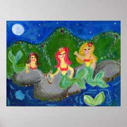 Retro Mermaid Grotto Folk Art Poster