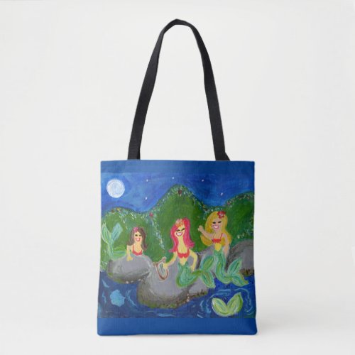 Retro Mermaid Grotto Folk Art Tote Bag