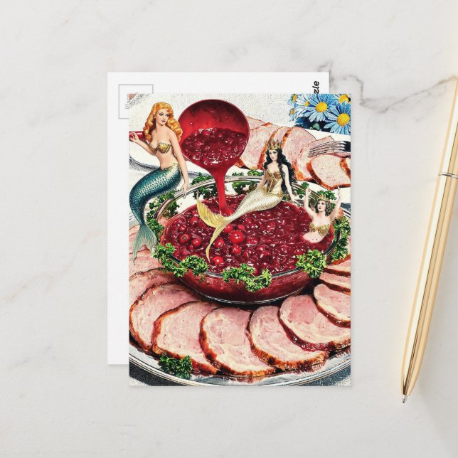 Retro Mermaids Swim in Cranberries Postcard (Front/Back In Situ)