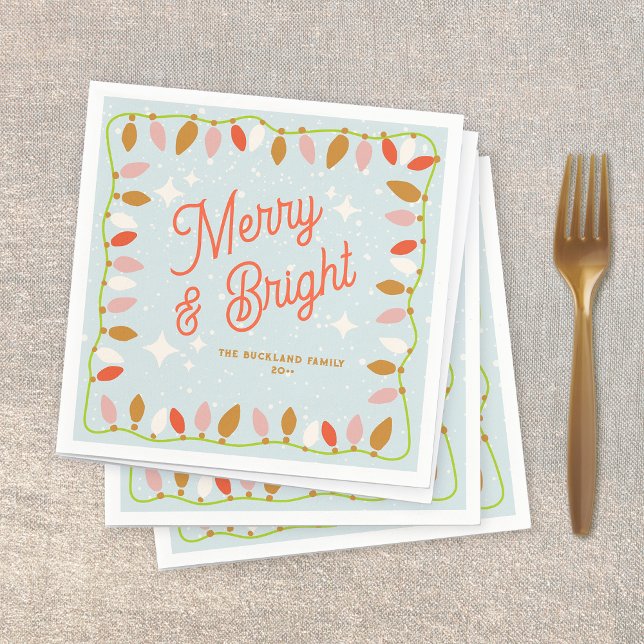 Retro Merry and Bright Christmas Lights Napkins (retro christams lights cocktail napkins)