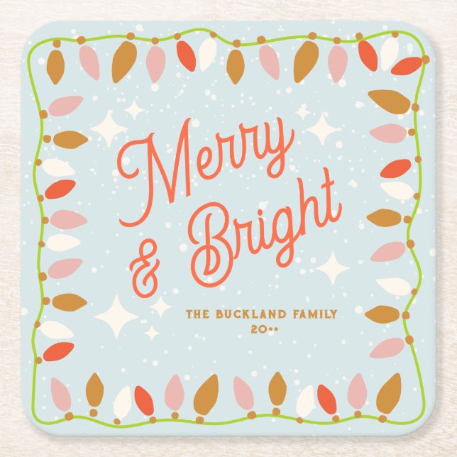 Retro Merry and Bright Christmas Lights Square Paper Coaster (Front)