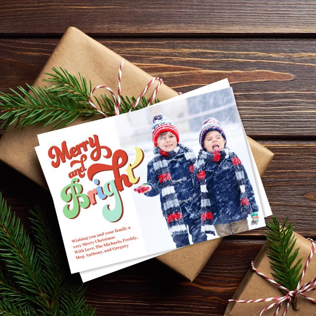 Retro Merry and Bright Christmas Photo  Holiday Card (Merry and Bright holiday photo card. With colorful retro typography. )