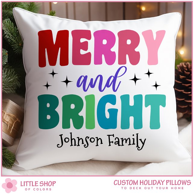 Retro Merry and Bright Customizable Name Christmas Throw Pillow (Creator Uploaded)