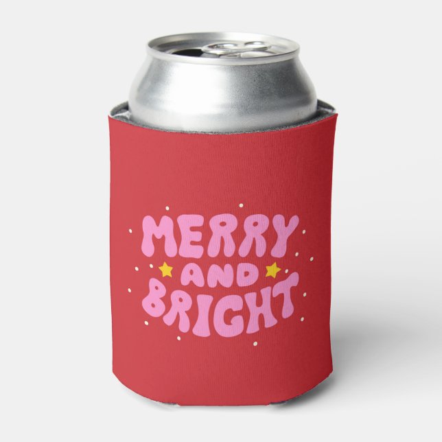 Retro Merry and Bright Holiday Design Can Cooler (Can Front)