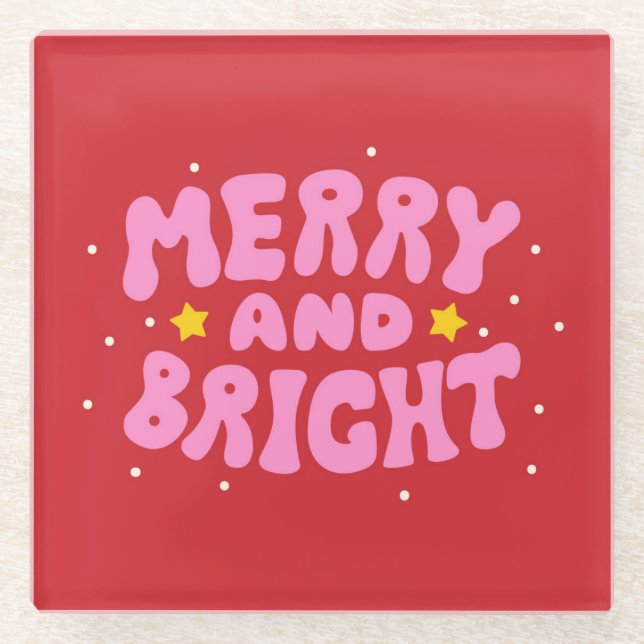 Retro Merry and Bright Holiday Design Glass Coaster (Front)