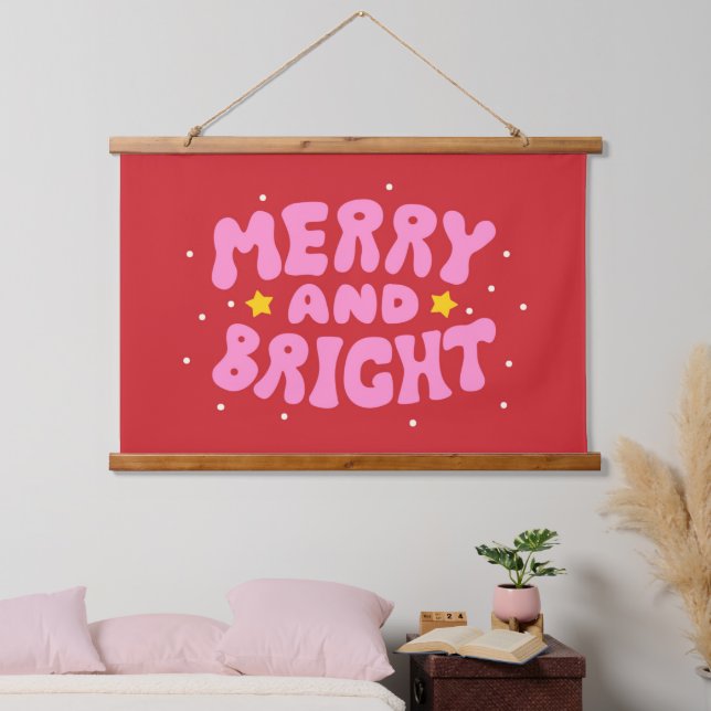 Retro Merry and Bright Holiday Design Hanging Tapestry (Bedroom)
