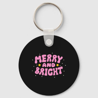 Retro Merry And Bright Holiday Design  Keychain