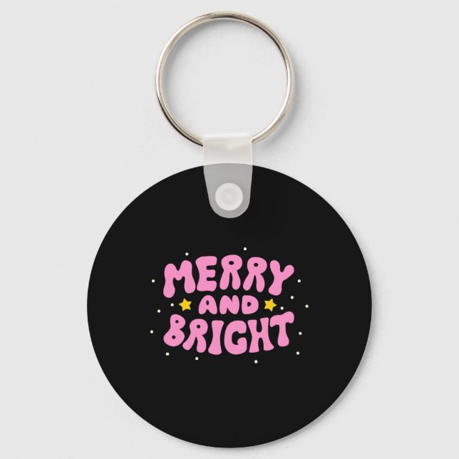 Retro Merry And Bright Holiday Design  Keychain (Front)