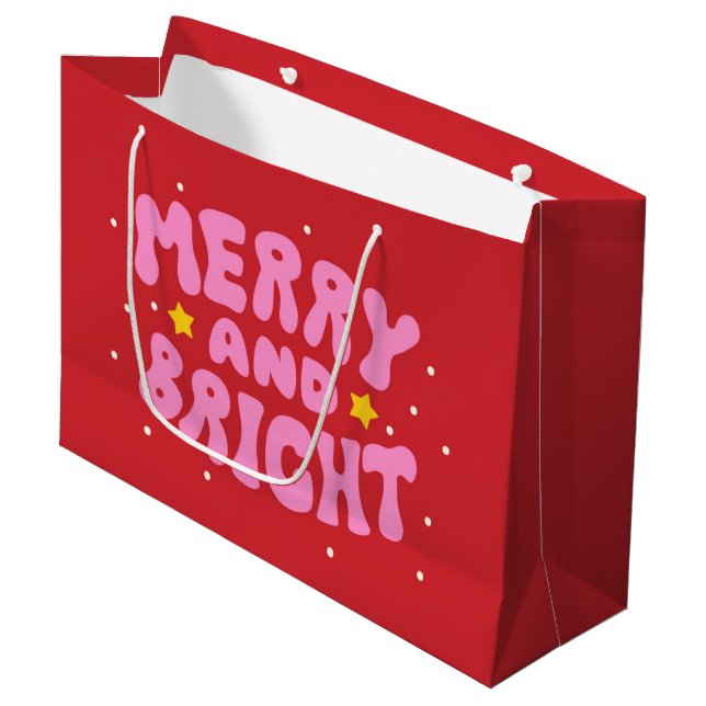 Retro Merry and Bright Holiday Design Large Gift Bag (Front Angled)