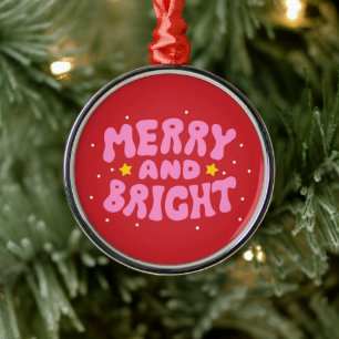 Retro Merry and Bright Holiday Design Metal Ornament