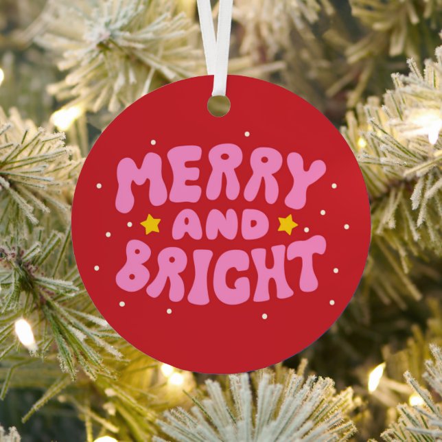Retro Merry and Bright Holiday Design Metal Ornament (Insitu)
