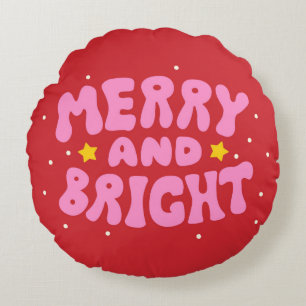 Retro Merry and Bright Holiday Design Round Pillow