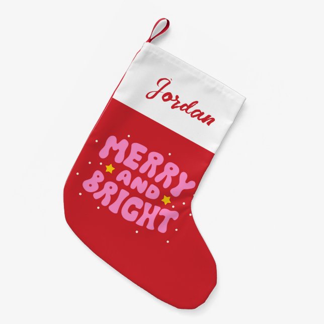 Retro Merry and Bright Holiday Design Small Christmas Stocking (Front (Hanging))