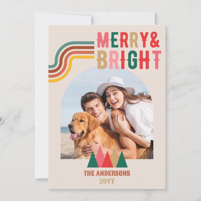 Retro Merry Bright Arch 4 Photo Christmas  Holiday Card (Front)