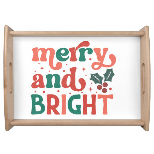 Retro Merry & Bright Christmas Typography Serving Tray