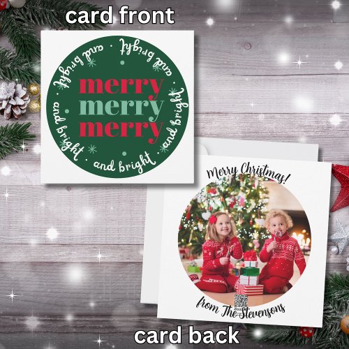 Retro Merry  Bright Classic Round Photo Christmas Holiday Card