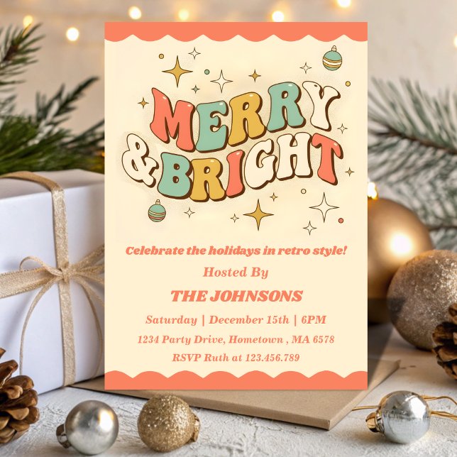 Retro Merry & Bright Editable Christmas Party Invitation (Creator Uploaded)