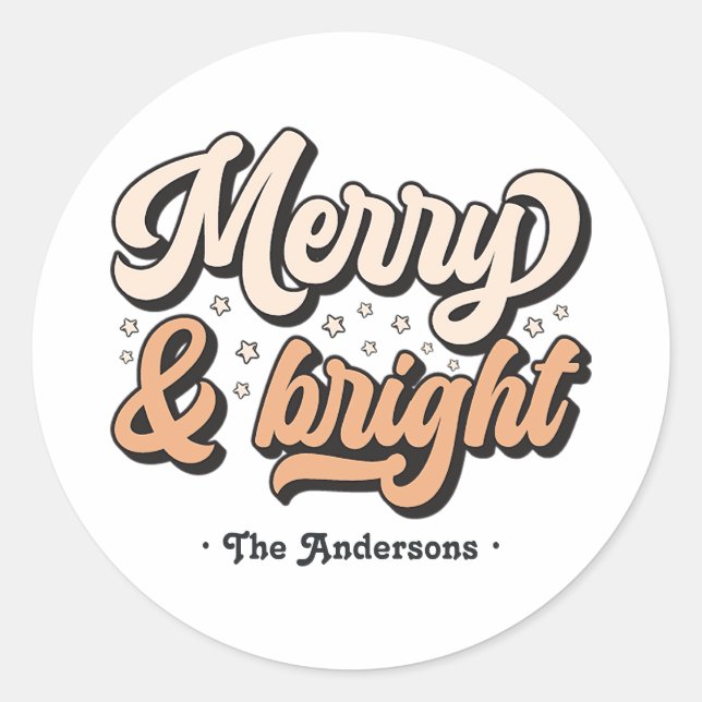 Retro Merry & Bright Holiday Custom Classic Round Sticker (Front)