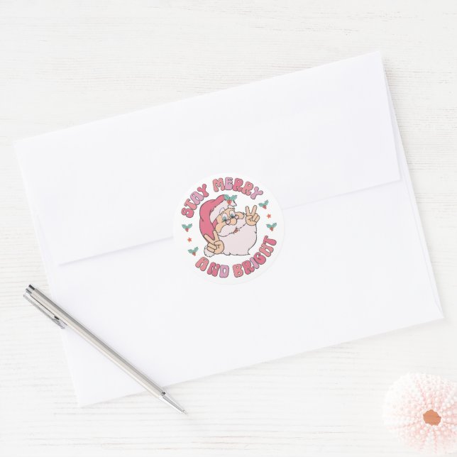 Retro Merry & Bright Santa Classic Round Sticker (Envelope)