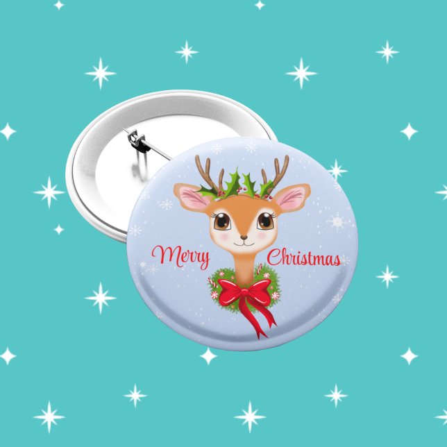 Retro Merry Christmas Adorable Reindeer  Button (Creator Uploaded)