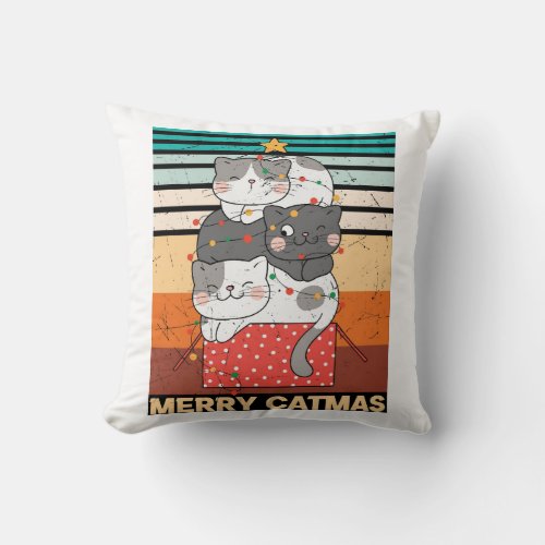 Retro Merry Christmas Cat Throw Pillow 