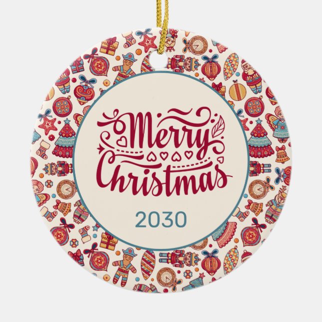 Retro Merry Christmas Ceramic Ornament (Front)