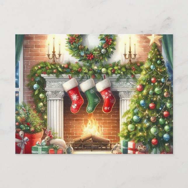 Retro Merry Christmas Cozy Holiday Home  Postcard (Front)