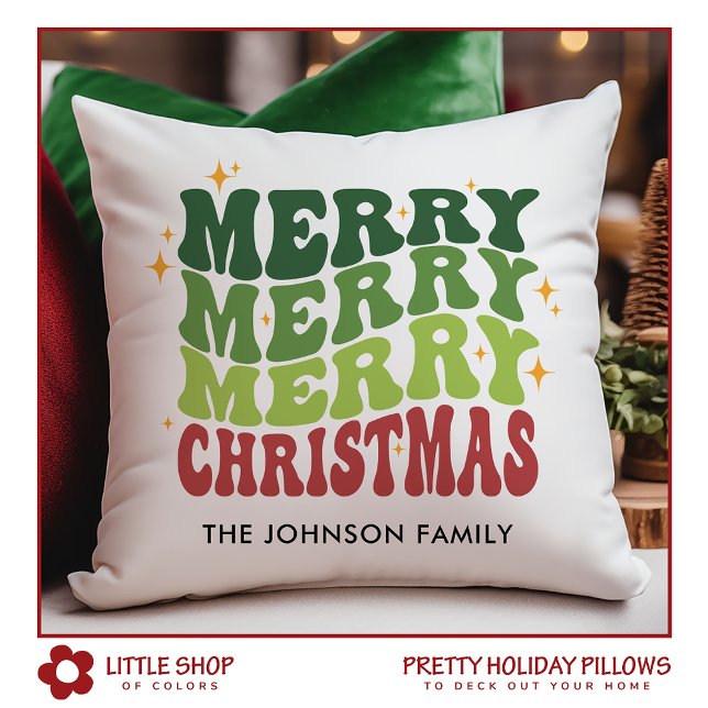 Retro Merry Christmas Customizable Name Throw Pillow (Creator Uploaded)
