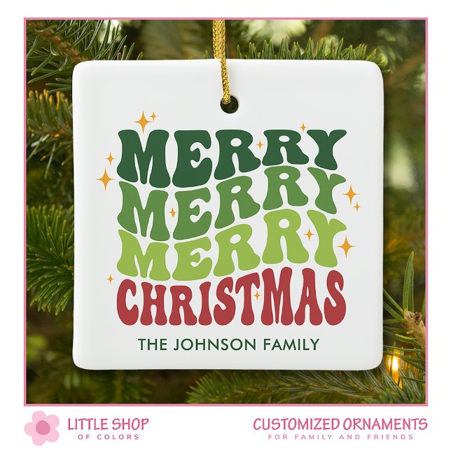 Retro Merry Christmas Customizable Photo Ceramic Ornament (Creator Uploaded)