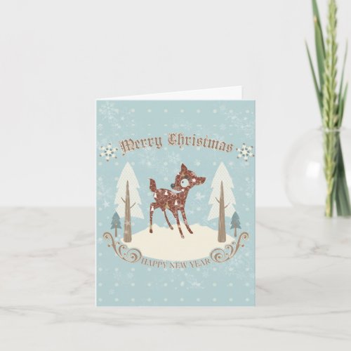 Retro Merry Christmas Cute Rain_Deer Holiday Card