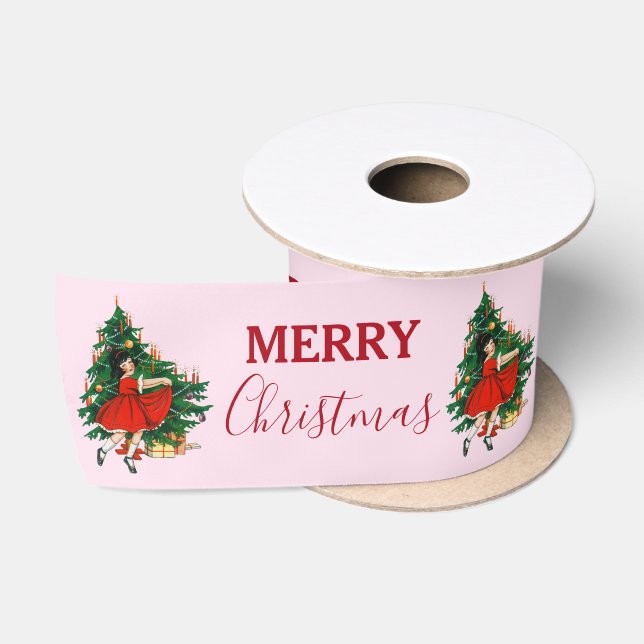 Retro Merry Christmas Girl Xmas Tree Pink Satin Ribbon (Spool)