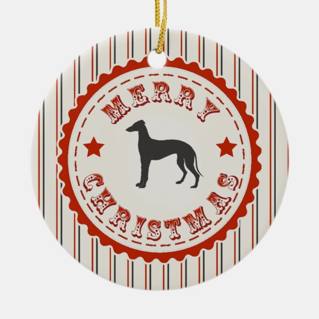 Retro Merry Christmas Greyhound Dog Ceramic Ornament (Front)