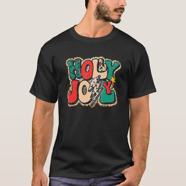 Retro Merry Christmas Groovy Xmas Leopard Lightnin T-Shirt (Front)