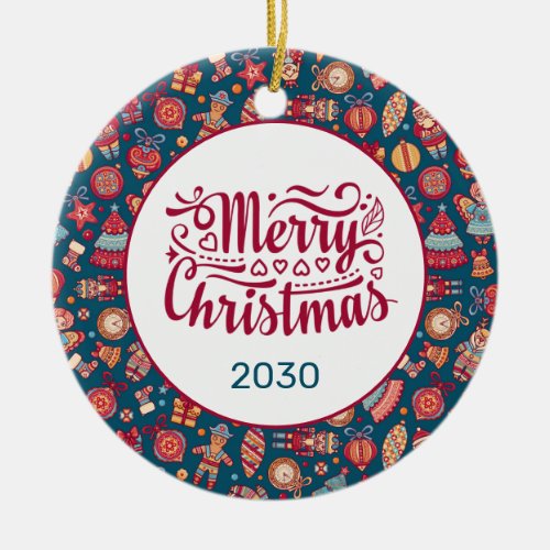 Retro Merry Christmas Personalized Ceramic Ornament