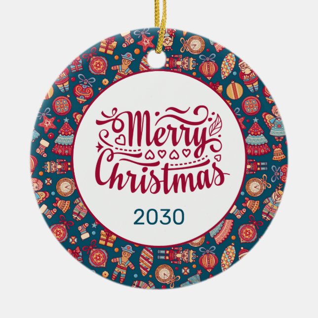 Retro Merry Christmas Personalized Ceramic Ornament (Front)