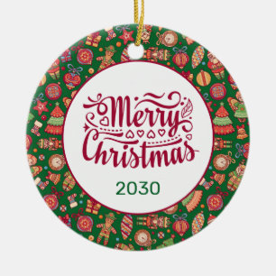 Retro Merry Christmas Personalized Ceramic Ornament