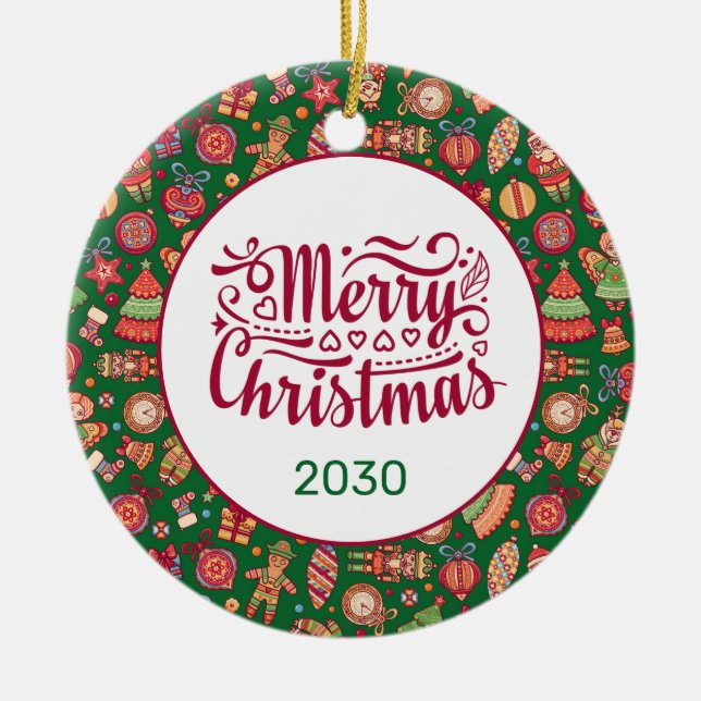 Retro Merry Christmas Personalized Ceramic Ornament (Front)