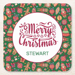 Retro Merry Christmas Personalized Square Paper Coaster
