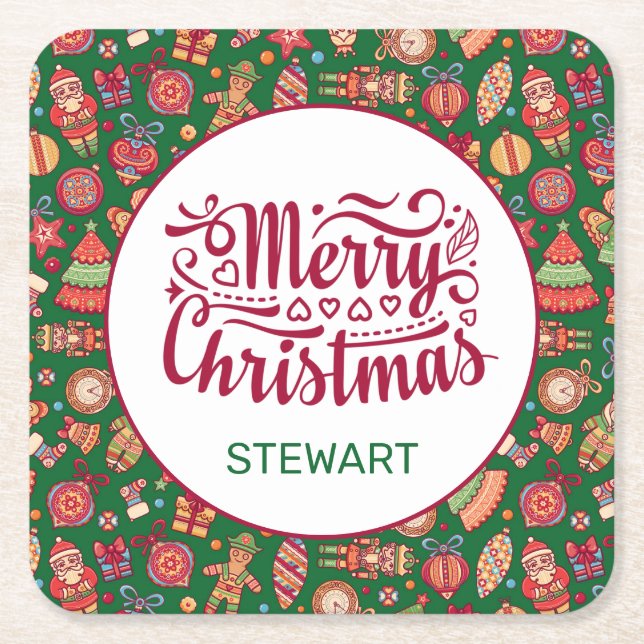 Retro Merry Christmas Personalized Square Paper Coaster (Front)