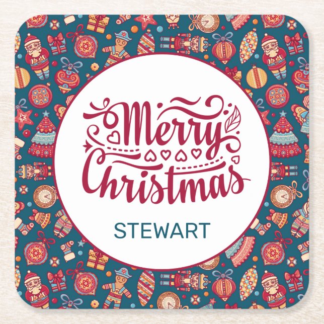 Retro Merry Christmas Personalized Square Paper Coaster (Front)