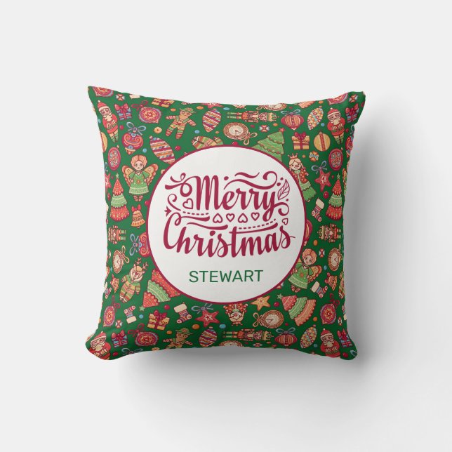 Retro Merry Christmas Personalized Throw Pillow (Front)
