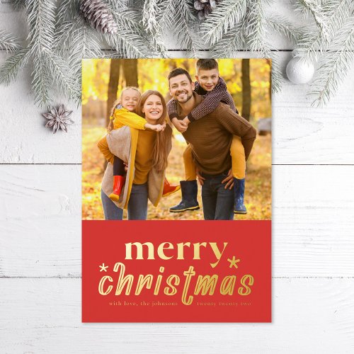 Retro Merry Christmas Photo Foil Holiday Card