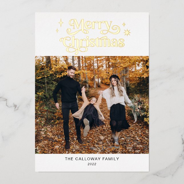 Retro Merry Christmas Photo Foil Holiday Card (Front)