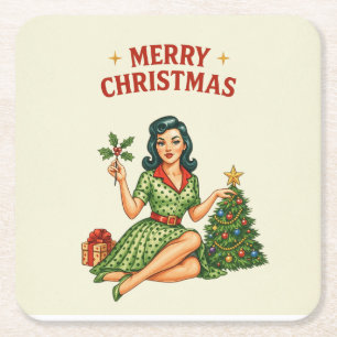 Retro Merry Christmas Pin-Up Paper Coaster